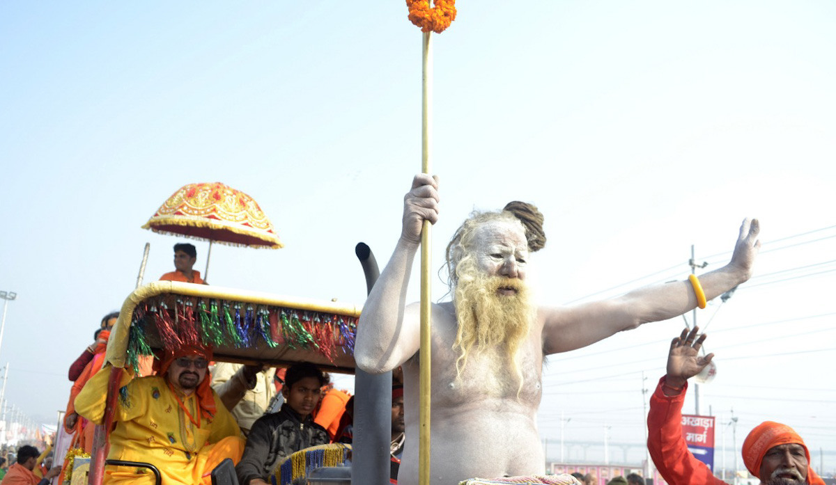 Waving naga sadhu at the Kumbh Mela